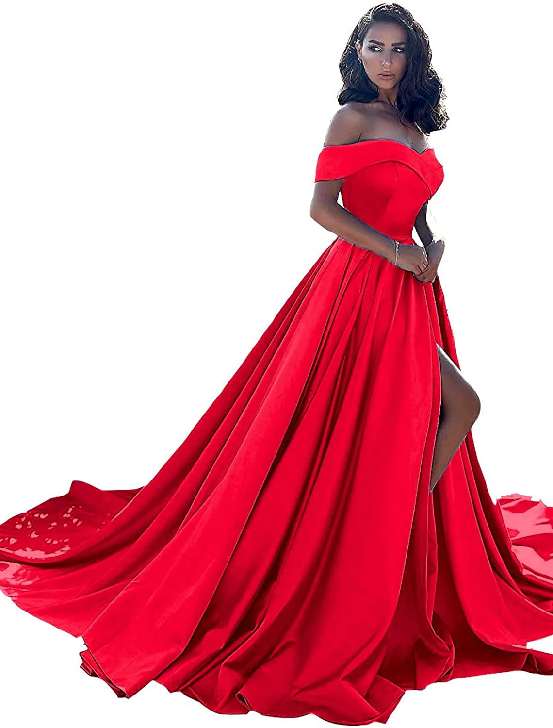 Wholesa A-Line Minimalist Sexy Prom Formal Evening Dress Off Shoulder Sleeveless Chapel Train Satin with Split Front