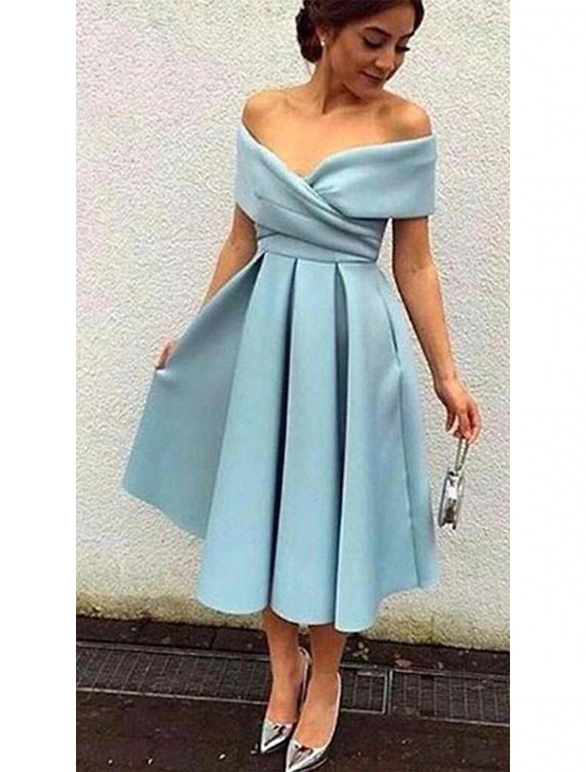 wholesale  A-Line Cocktail Dresses 1950s Dress Homecoming Formal Evening Tea Length Short Sleeve V Neck Stretch Fabric V Back with Pleats