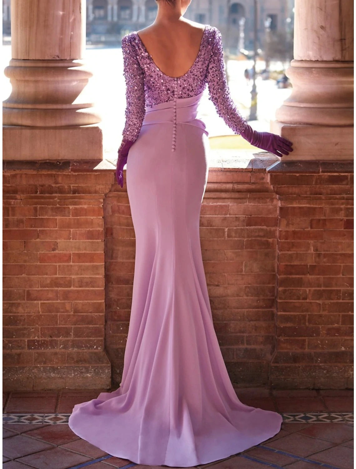 Wholesa Mermaid / Trumpet Evening Gown Elegant Dress Formal Sweep / Brush Train Long Sleeve Scoop Neck Sequined with Glitter Bow(s) Pleats