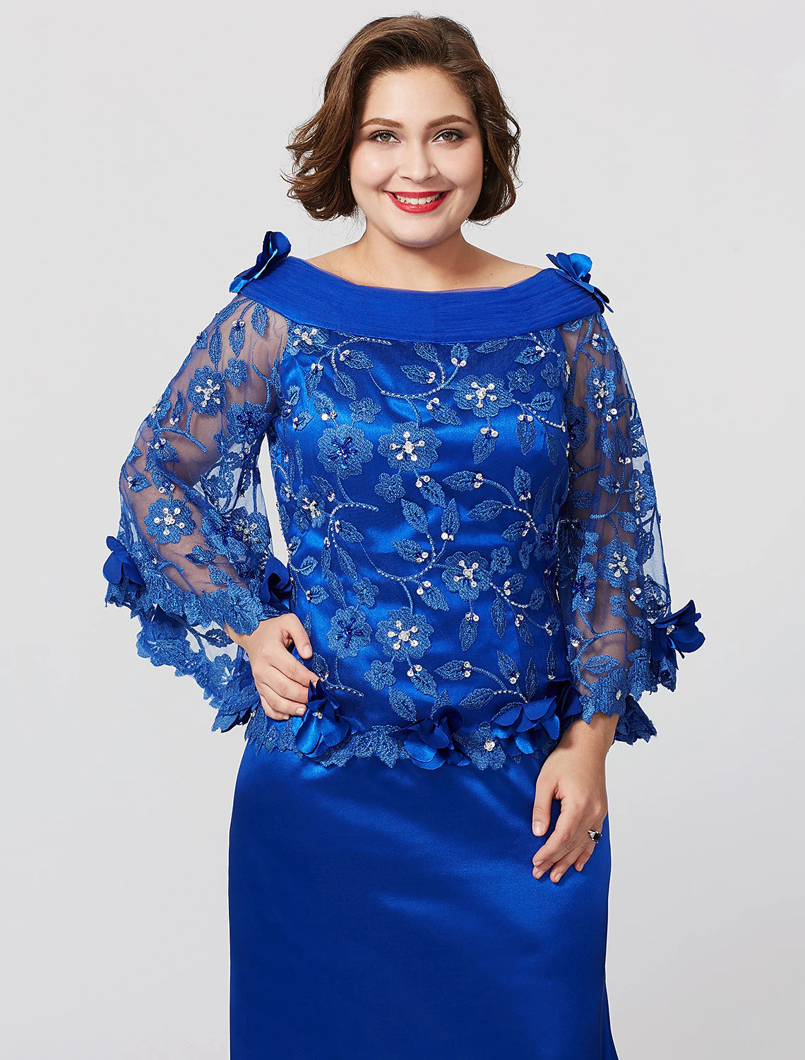 wholesale  Mermaid / Trumpet Mother of the Bride Dress Formal Plus Size Elegant Bateau Neck Sweep / Brush Train Lace Over Charmeuse Long Sleeve No with Pleats Ruffles