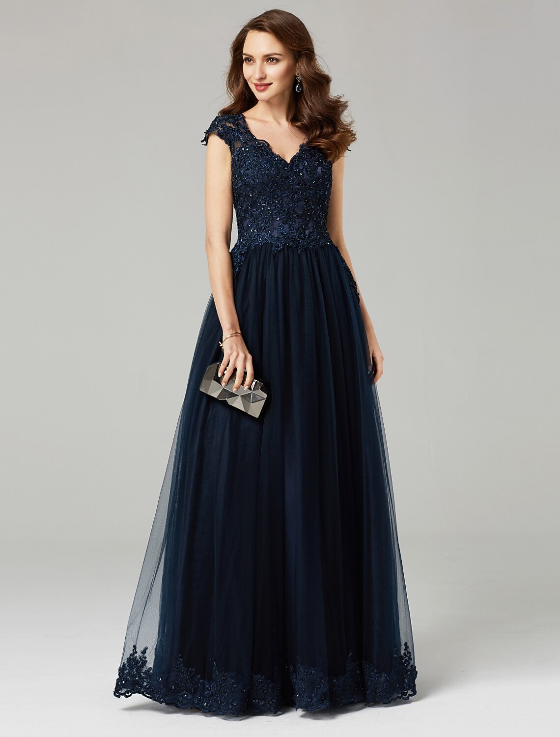 Wholesa A-Line Little Black Dress Dress Wedding Guest Prom Floor Length Sleeveless V Neck Tulle with Appliques