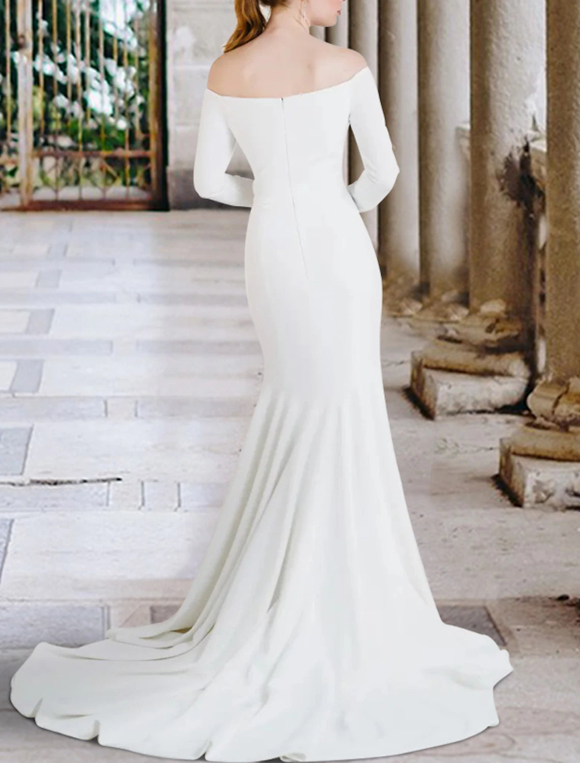 Wholesa  Hall Casual Wedding Dresses Mermaid / Trumpet Off Shoulder Long Sleeve Court Train Stretch Fabric Bridal Gowns With Solid Color