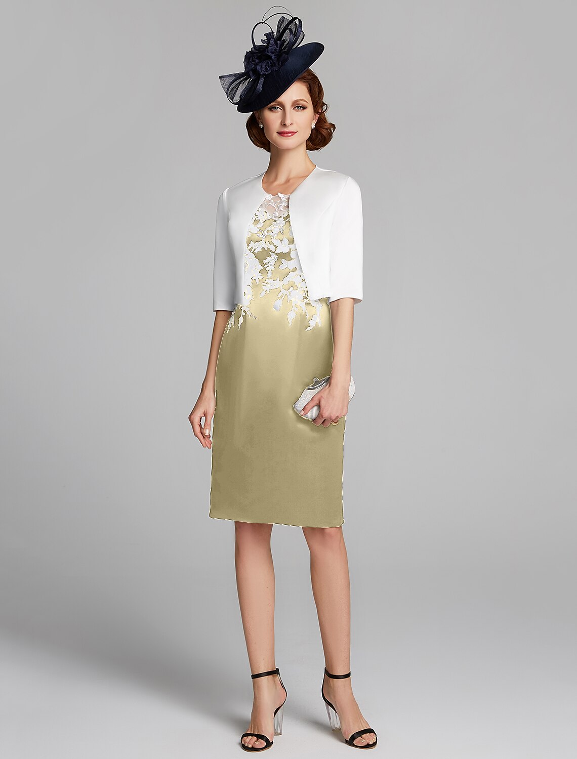 wholesale  Sheath / Column Mother of the Bride Dress Wrap Included Jewel Neck Knee Length Satin Lace Sleeveless with Appliques