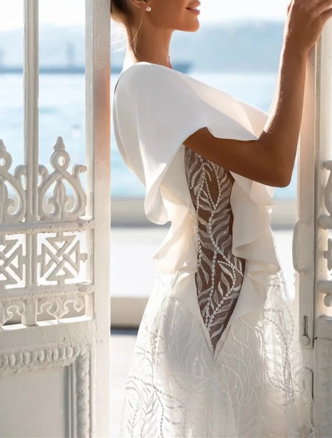 Wholesa Beach Formal Wedding Dresses A-Line V Neck Cap Sleeve Sweep / Brush Train Lace Bridal Gowns With Appliques Solid Color