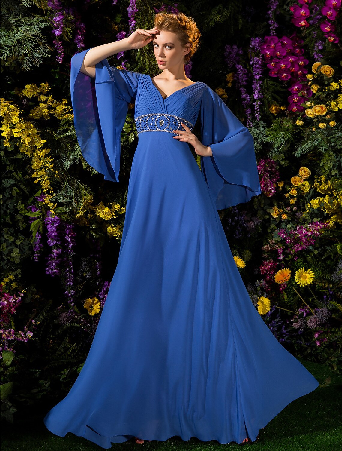 wholesale  A-Line Mother of the Bride Dress Vintage Inspired V Neck Floor Length Chiffon Long Sleeve with Crystals Beading Side Draping
