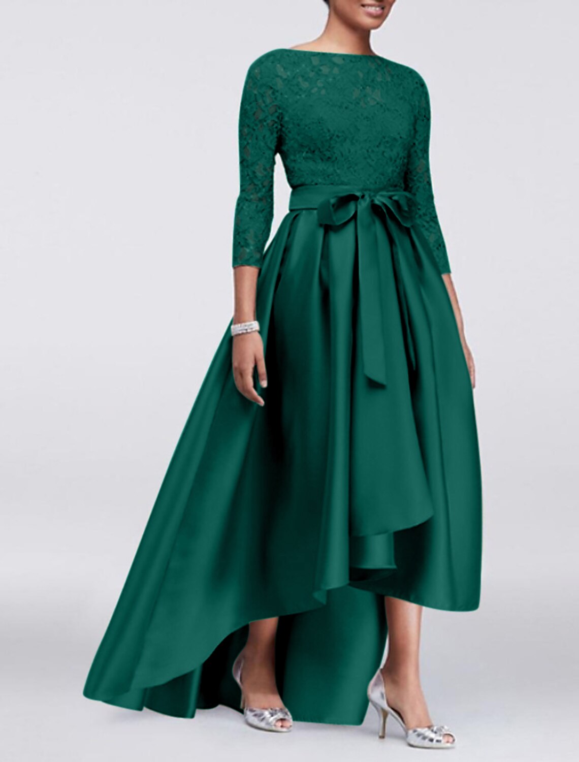 Wholesa A-Line Mother of the Bride Dress Wedding Guest Elegant Plus Size High Low Jewel Neck Asymmetrical Satin Lace 3/4 Length Sleeve with Sash / Ribbon Appliques
