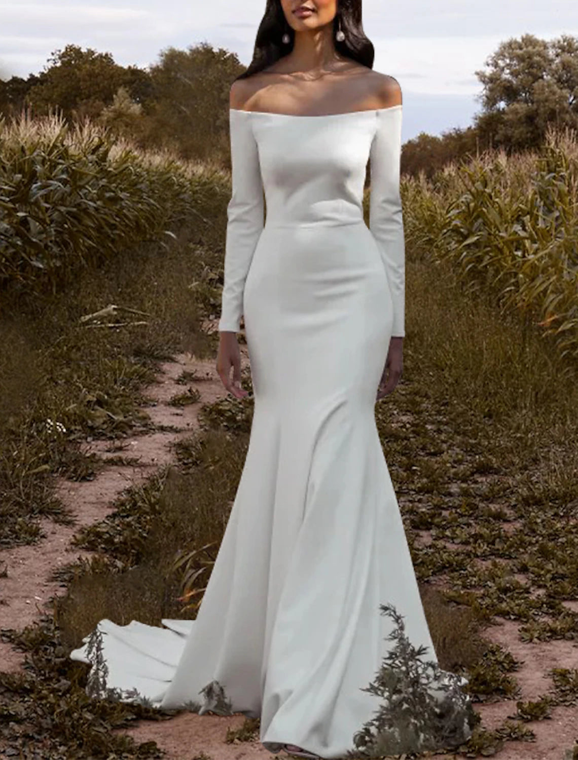 Wholesa  Hall Casual Wedding Dresses Mermaid / Trumpet Off Shoulder Long Sleeve Court Train Stretch Fabric Bridal Gowns With Solid Color
