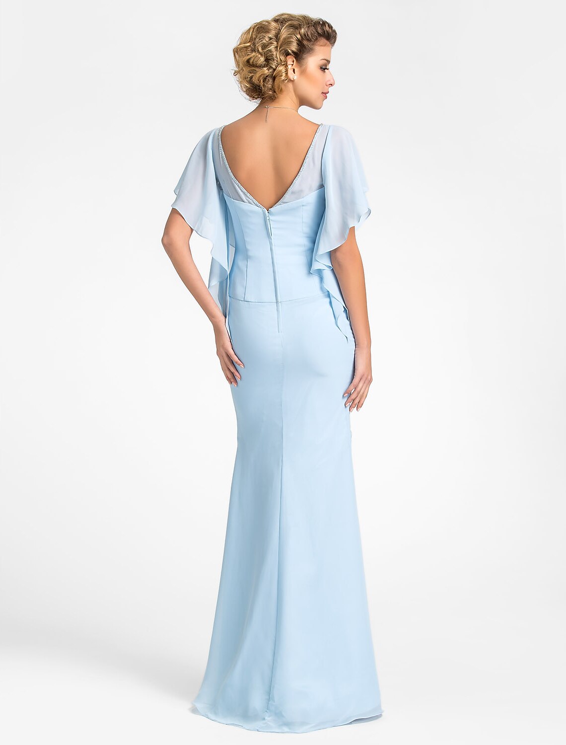 wholesale Mermaid / Trumpet Mother of the Bride Dress Vintage Inspired V Neck Floor Length Chiffon Short Sleeve with Beading Side Draping Crystal Brooch