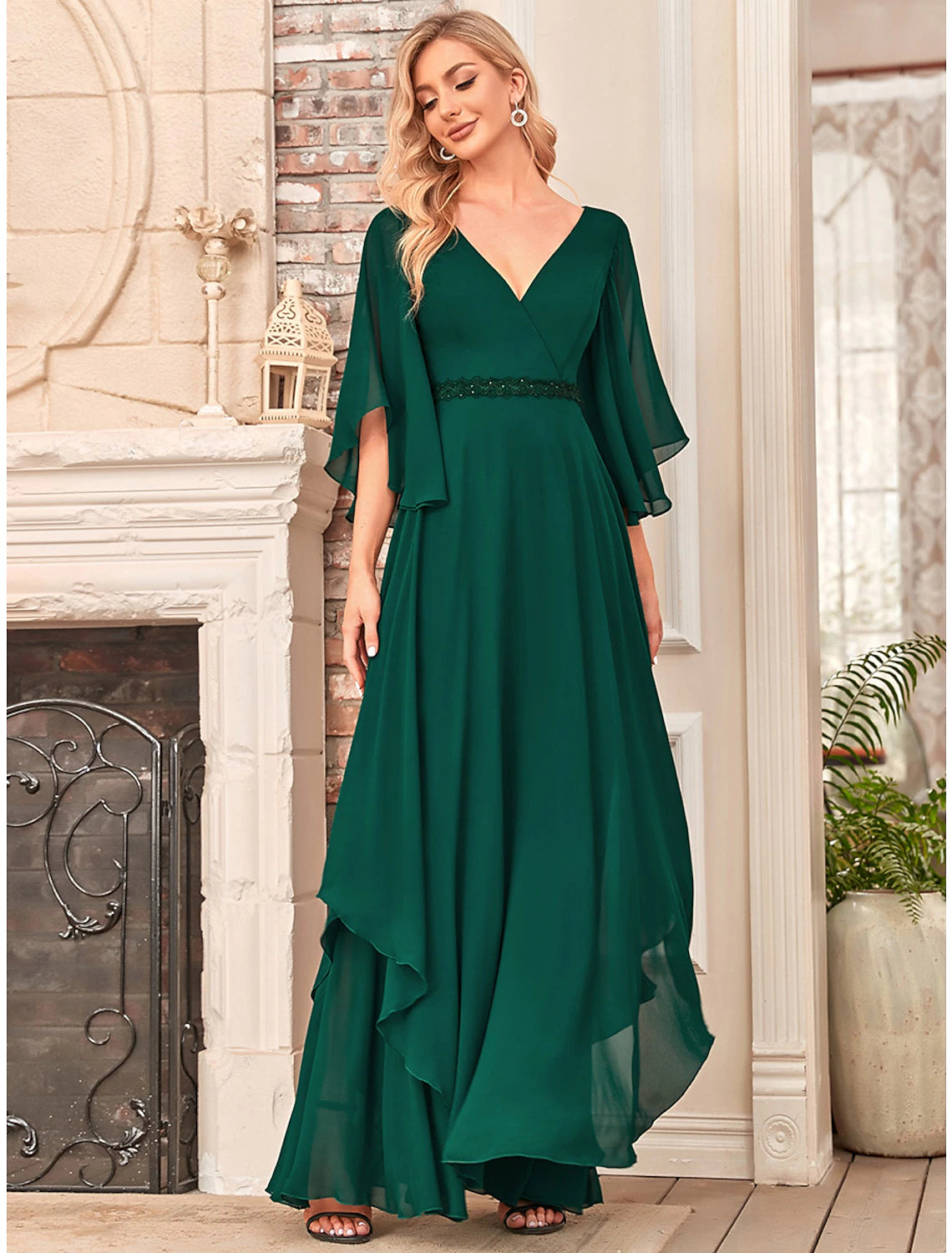 wholesale  A-Line Mother of the Bride Dress Elegant V Neck Floor Length Chiffon Half Sleeve with Sash / Ribbo