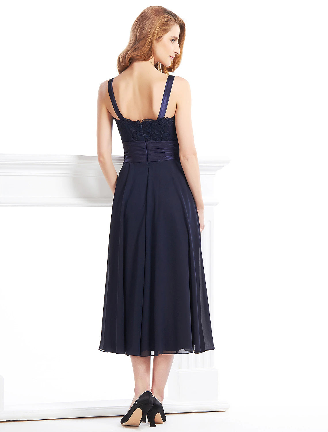 wholesale  A-Line Mother of the Bride Dress Convertible Dress V Neck Tea Length Chiffon Corded Lace Sleeveless with Lace Pleats Appliques