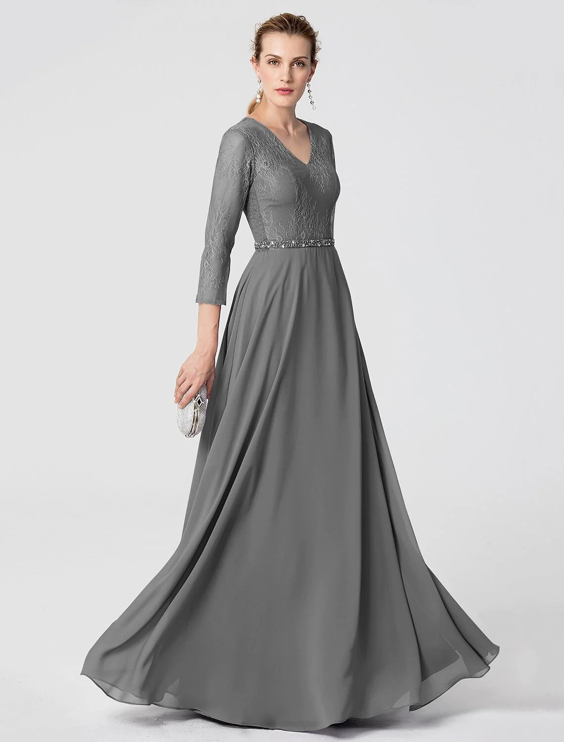 Wholesa A-Line Elegant Holiday Cocktail Party Formal Evening Dress V Neck 3/4 Length Sleeve Floor Length Chiffon Lace with Sash / Ribbon Beading / Illusion Sleeve