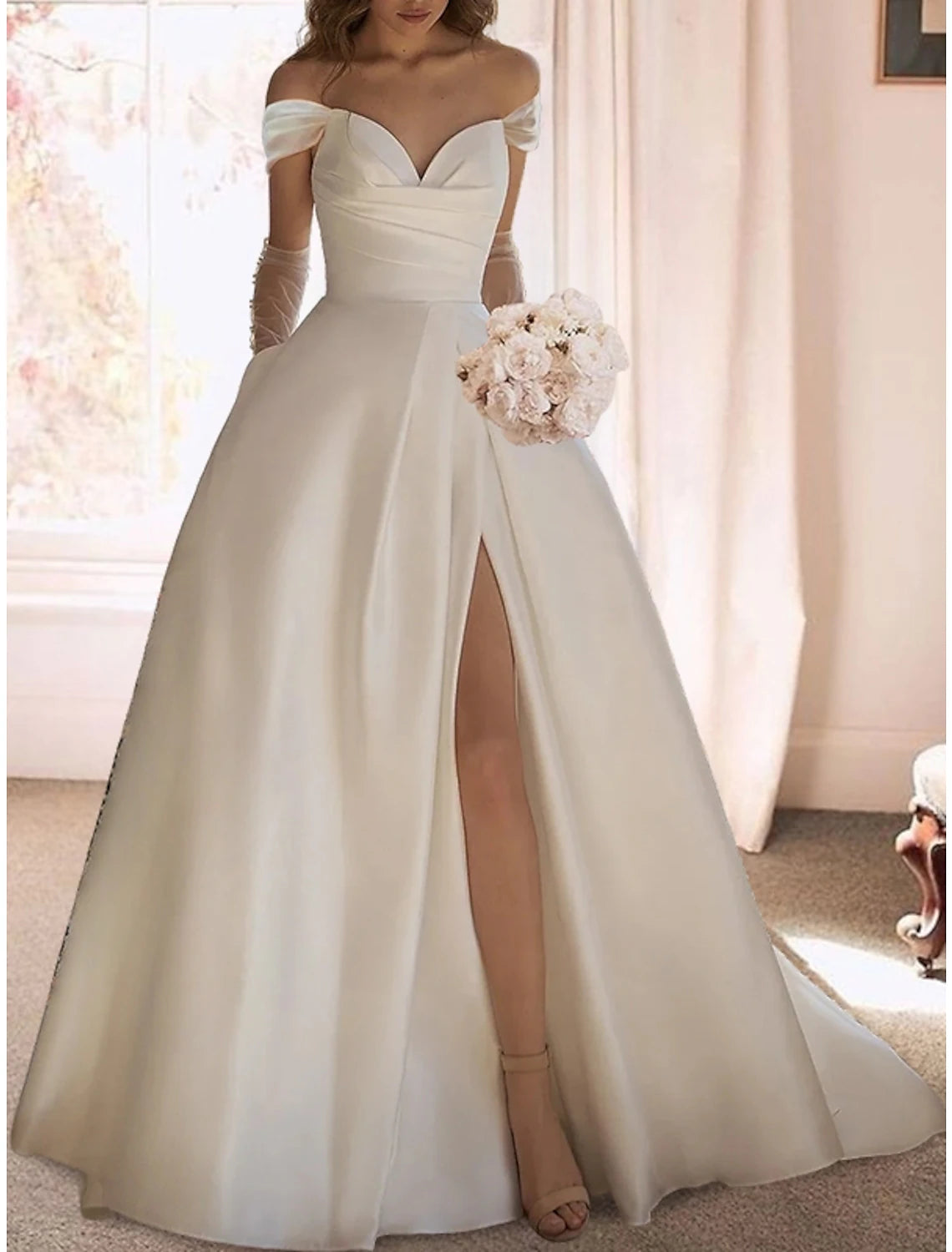 Wholesa Reception Formal Wedding Dresses Ball Gown Off Shoulder Short Sleeve Sweep / Brush Train Satin Bridal Gowns With Ruched Split Front