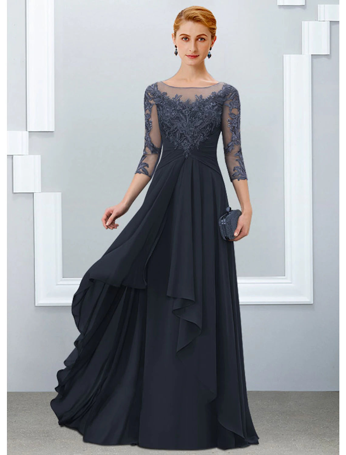 wholesale  A-Line Mother of the Bride Dress Elegant Jewel Neck Floor Length Chiffon Lace Half Sleeve with Ruffles Appliques