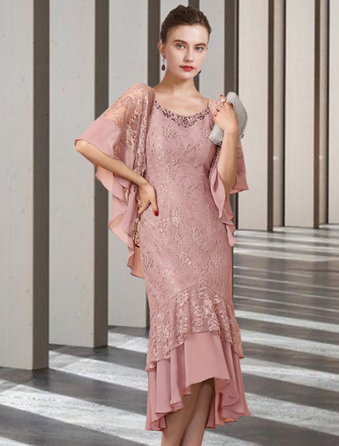 wholesale  Sheath / Column Mother of the Bride Dress Elegant High Low Jewel Neck Asymmetrical Tea Length Chiffon Lace Half Sleeve Wrap Included with Beading Ruffles Applique