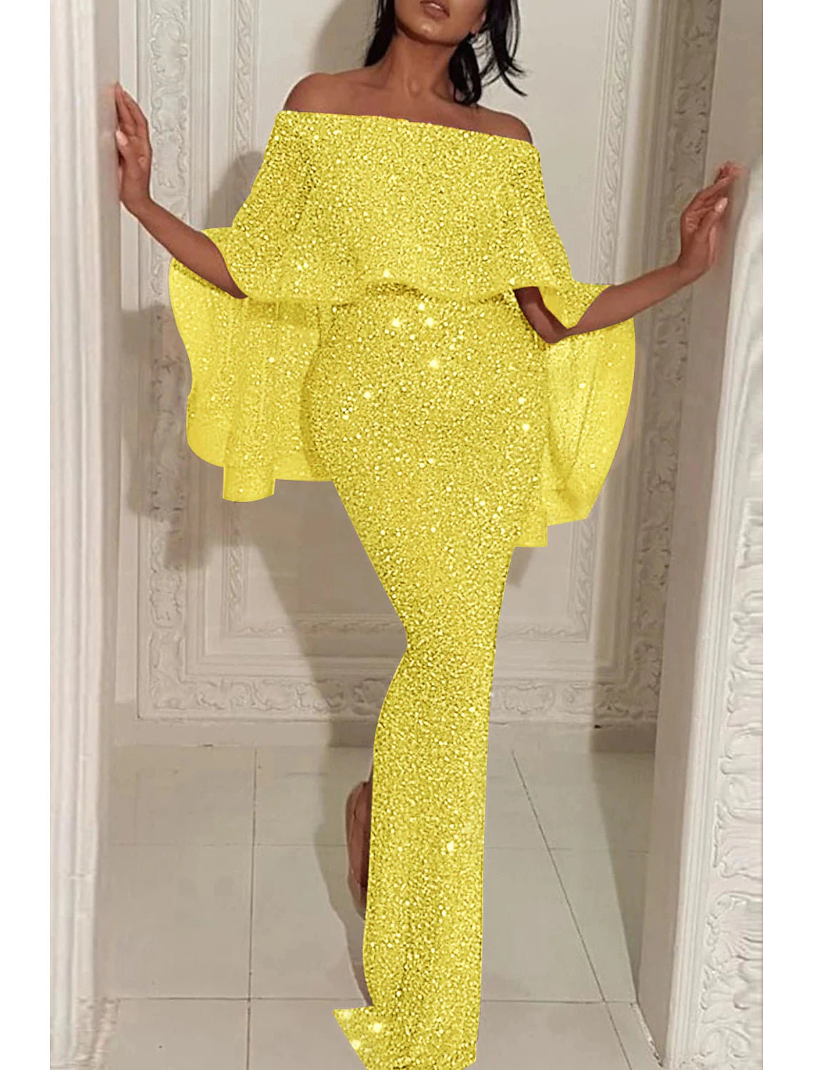 Wholesa Mermaid / Trumpet Evening Gown Sparkle & Shine Dress Formal Wedding Guest Sweep / Brush Train Sleeveless Off Shoulder Capes Sequined with Sequin Slit
