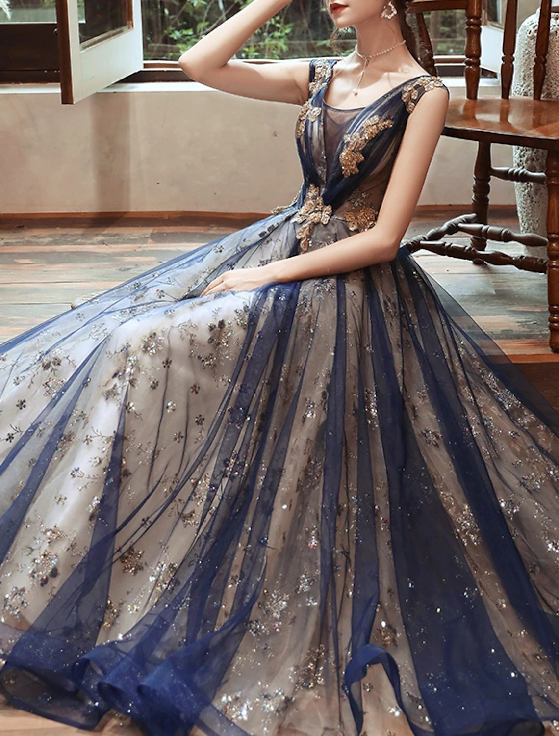 Wholesa A-Line Prom Dresses Glittering Dress Wedding Guest Evening Party Floor Length Sleeveless Scoop Neck Organza with Sequin