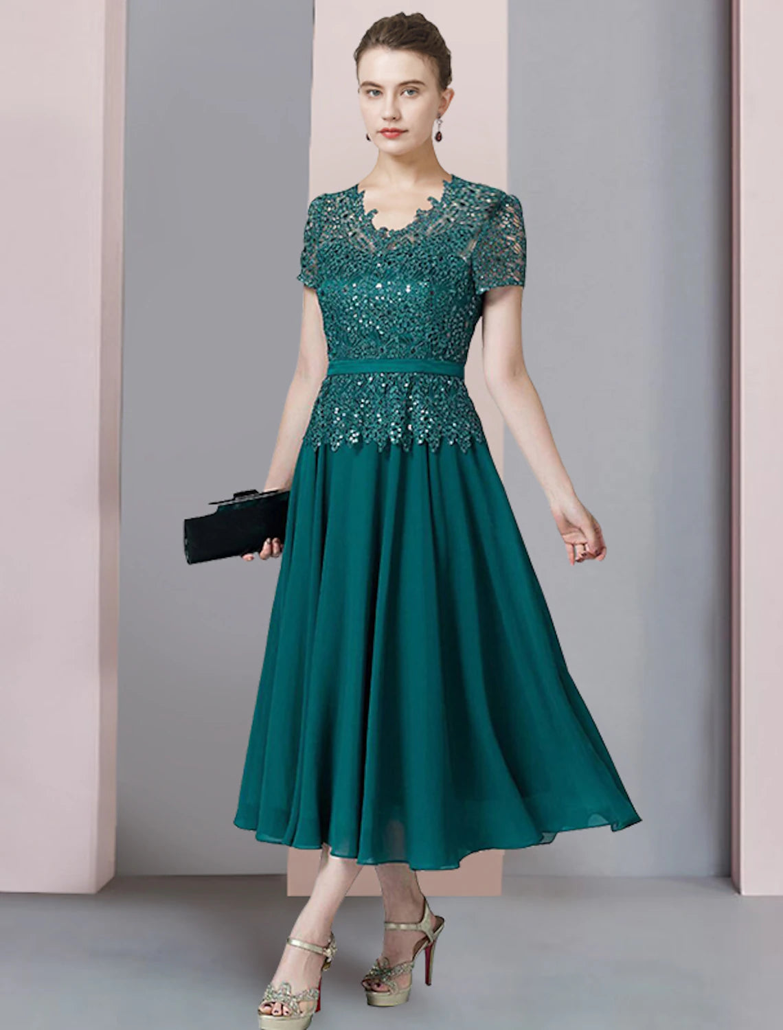 wholesale  Two Piece A-Line Mother of the Bride Dress Formal Wedding Guest Elegant V Neck Tea Length Chiffon Lace Short Sleeve Wrap Included with Sequin Appliques