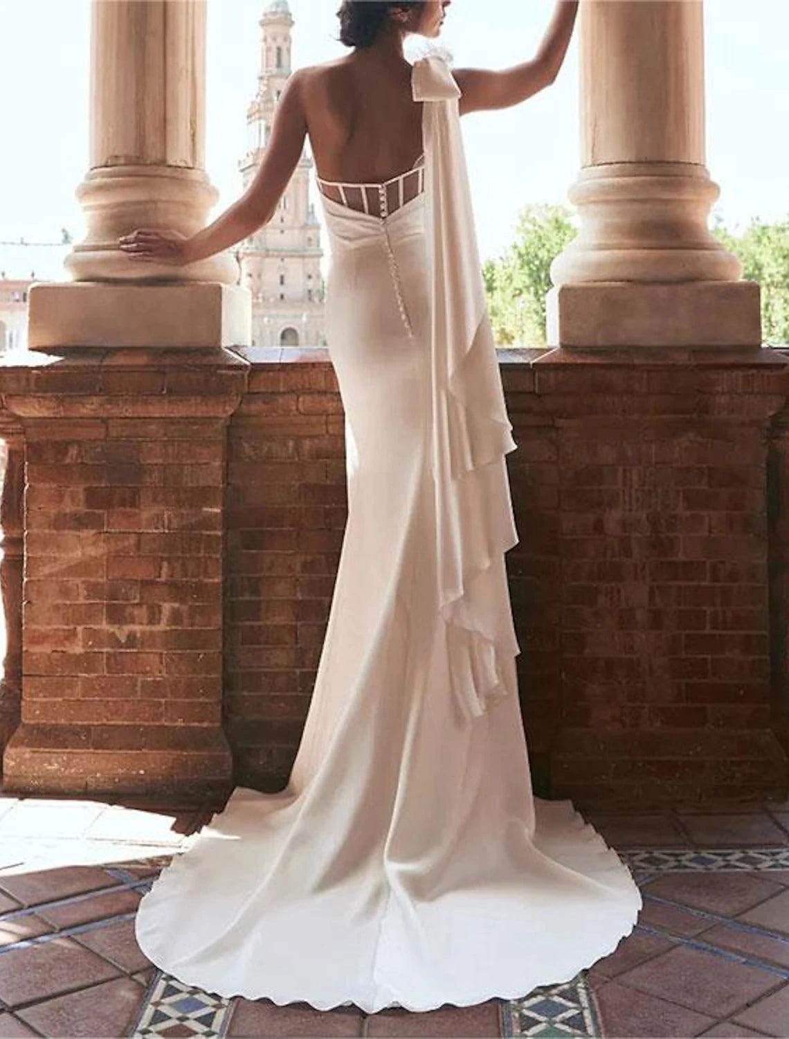 Wholesa Little White Dresses Wedding Dresses A-Line One Shoulder Sleeveless Sweep / Brush Train Chiffon Bridal Gowns With Bow(s) Pleats