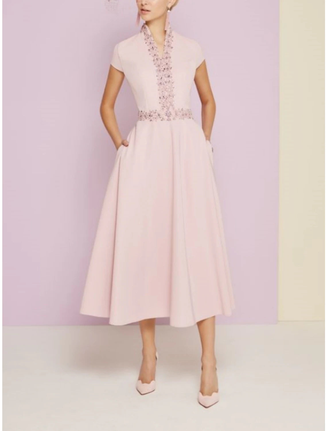 Wholesa A-Line Mother of the Bride Dress Wedding Guest Elegant Party V Neck Tea Length Satin Short Sleeve with Pleats Sequin