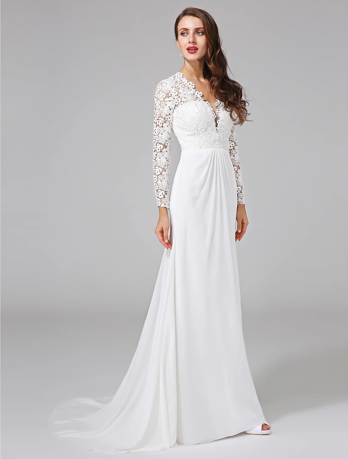 wholesale  Beach Royal Style Boho Wedding Dresses Sheath / Column Illusion Neck Long Sleeve Sweep / Brush Train Chiffon Bridal Gowns With Lace Button
