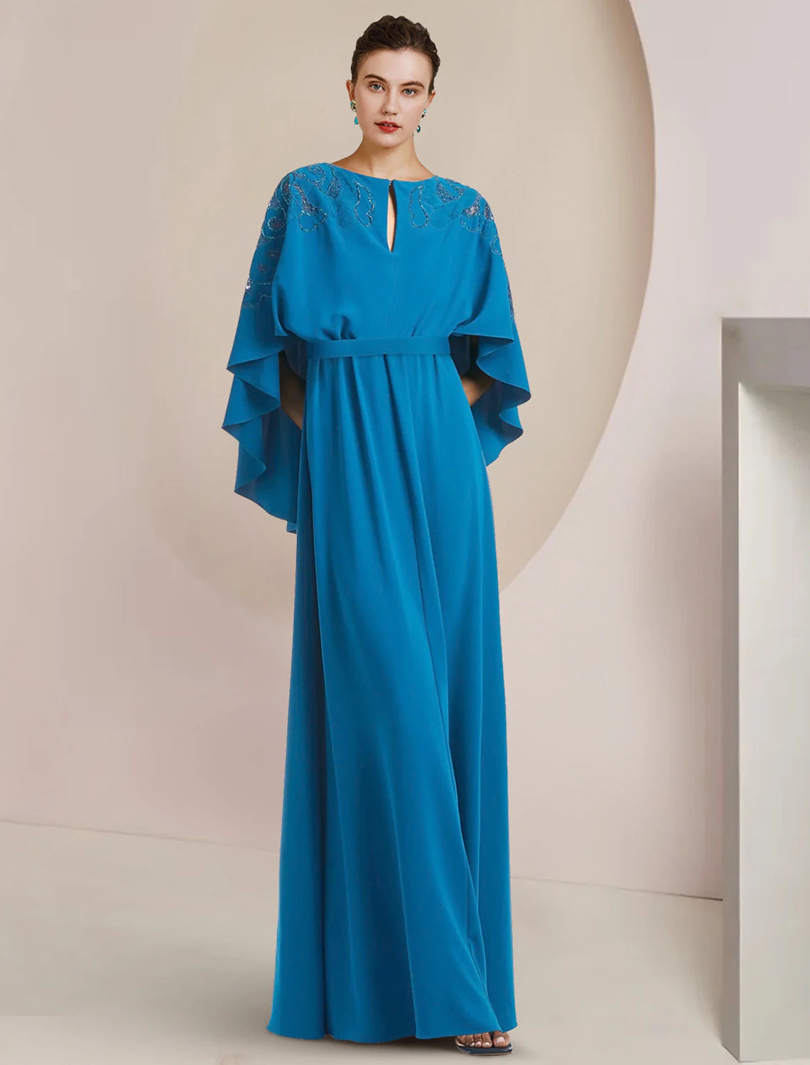 wholesale  A-Line Mother of the Bride Dress Formal Wedding Guest Elegant V Neck Floor Length Stretch Chiffon Sleeveless with Beading