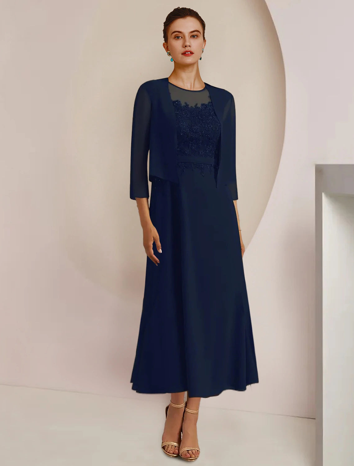 wholesale  Two Piece A-Line Mother of the Bride Dress Formal Wedding Guest Elegant Scoop Neck Tea Length Chiffon Lace 3/4 Length Sleeve Jacket Dresses with Sash / Ribbon Appliques