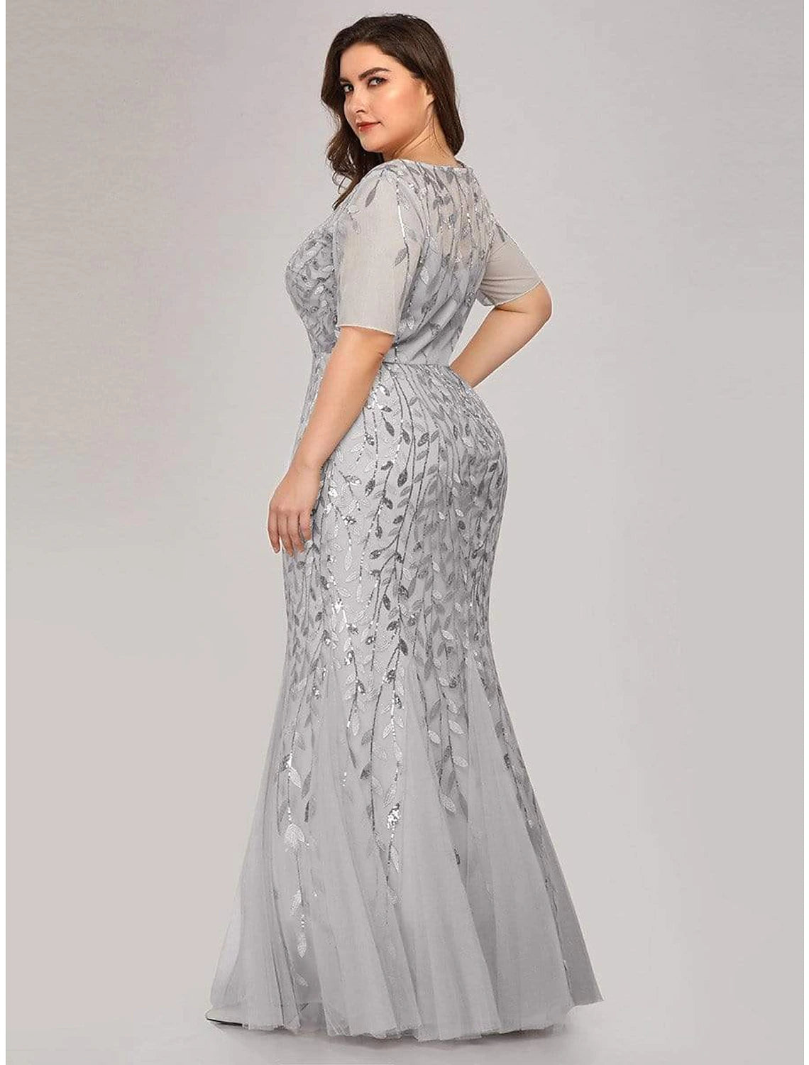 wholesa Mermaid / Trumpet Empire Elegant Party Wear Formal Evening Dress Jewel Neck Short Sleeve Floor Length Tulle with Embroidery / Illusion Sleeve