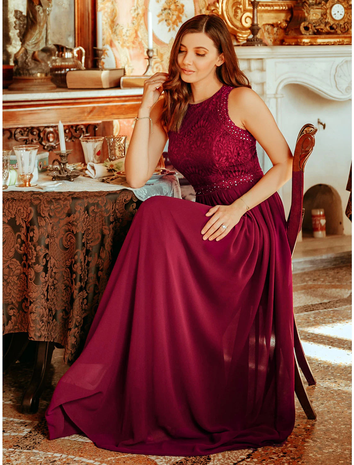 wholesa A-Line Prom Dresses Maxi Dress Wedding Guest Prom Floor Length Sleeveless Jewel Neck Bridesmaid Dress Chiffon with Pleats Lace Insert