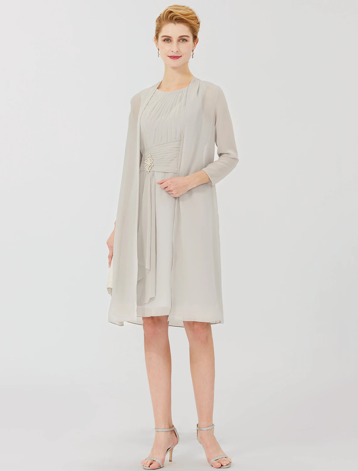 wholesale   Sheath / Column Mother of the Bride Dress Formal Classic & Timeless Elegant & Luxurious Convertible Dress Jewel Neck Knee Length Chiffon 3/4 Length Sleeve with Criss Cross Crystal Brooch