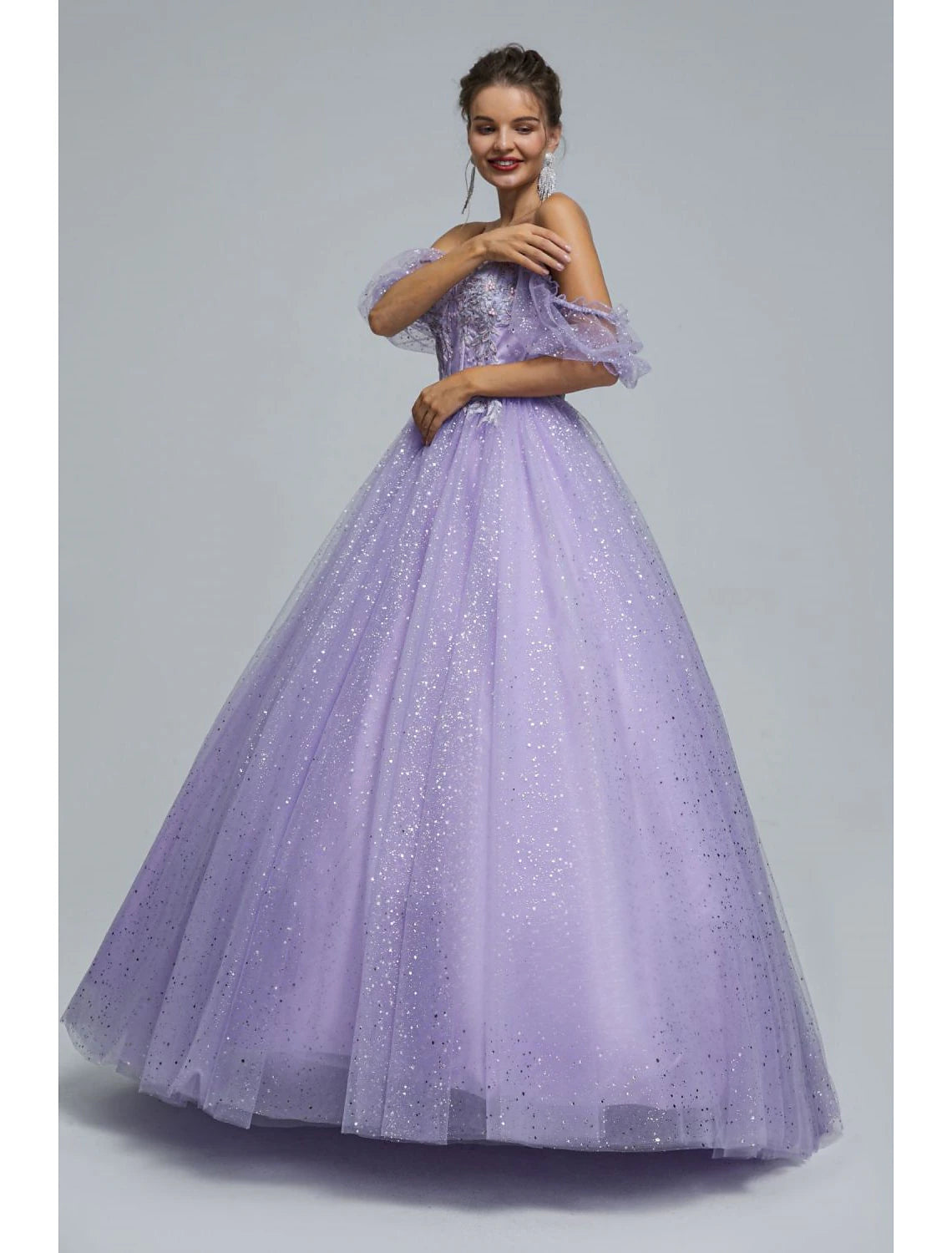 Wholesa Ball Gown Prom Dresses Princess Dress Graduation Quinceanera Floor Length Short Sleeve Sweetheart Tulle with Sequin Appliques