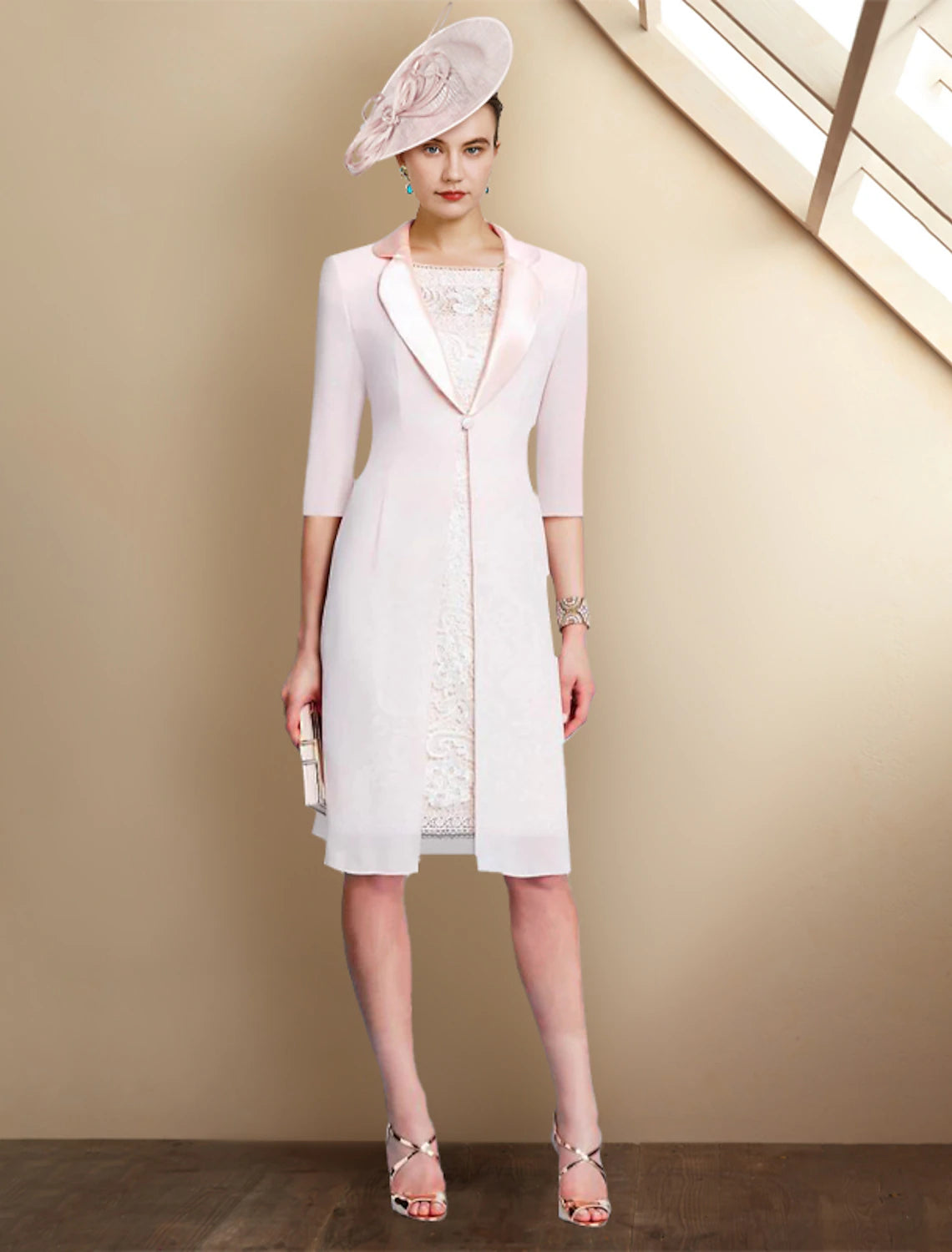 wholesale   Two Piece Sheath / Column Mother of the Bride Dress Church Elegant Jewel Neck Knee Length Chiffon Lace Short Sleeve Jacket Dresses with Appliques