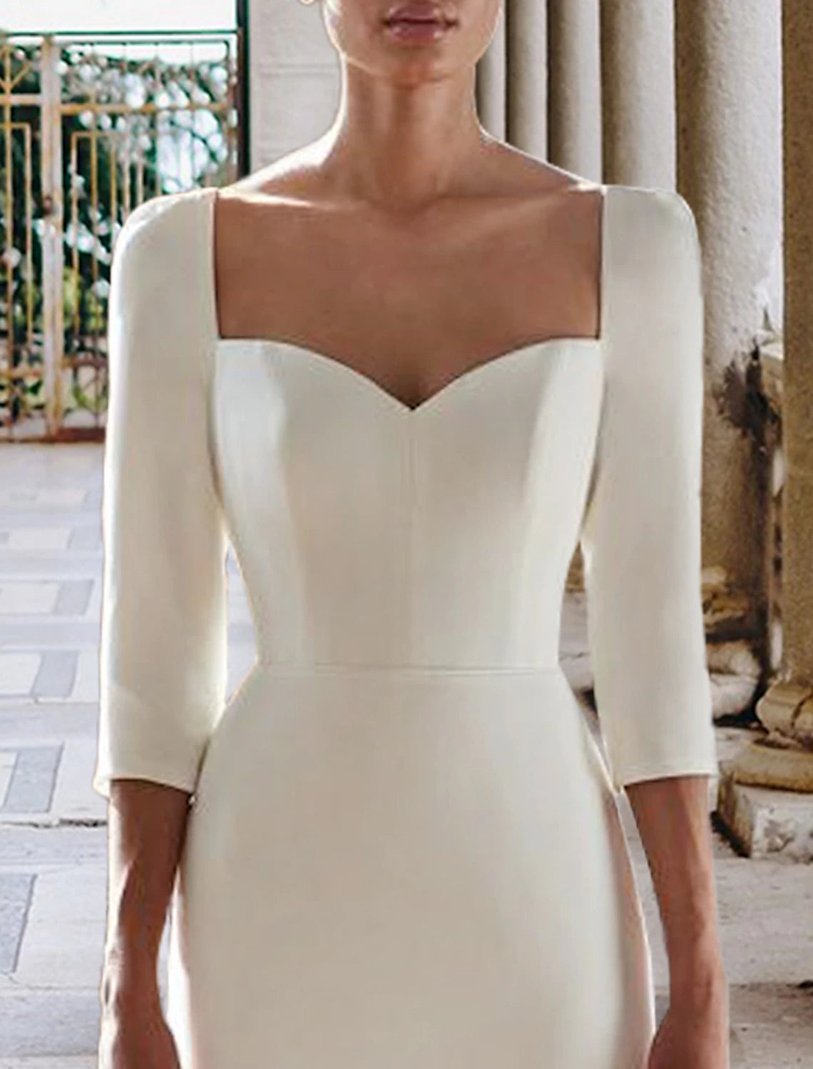 Wholesa Hall Casual Wedding Dresses Mermaid / Trumpet Sweetheart 3/4 Length Sleeve Sweep / Brush Train Stretch Fabric Bridal Gowns With Solid Color