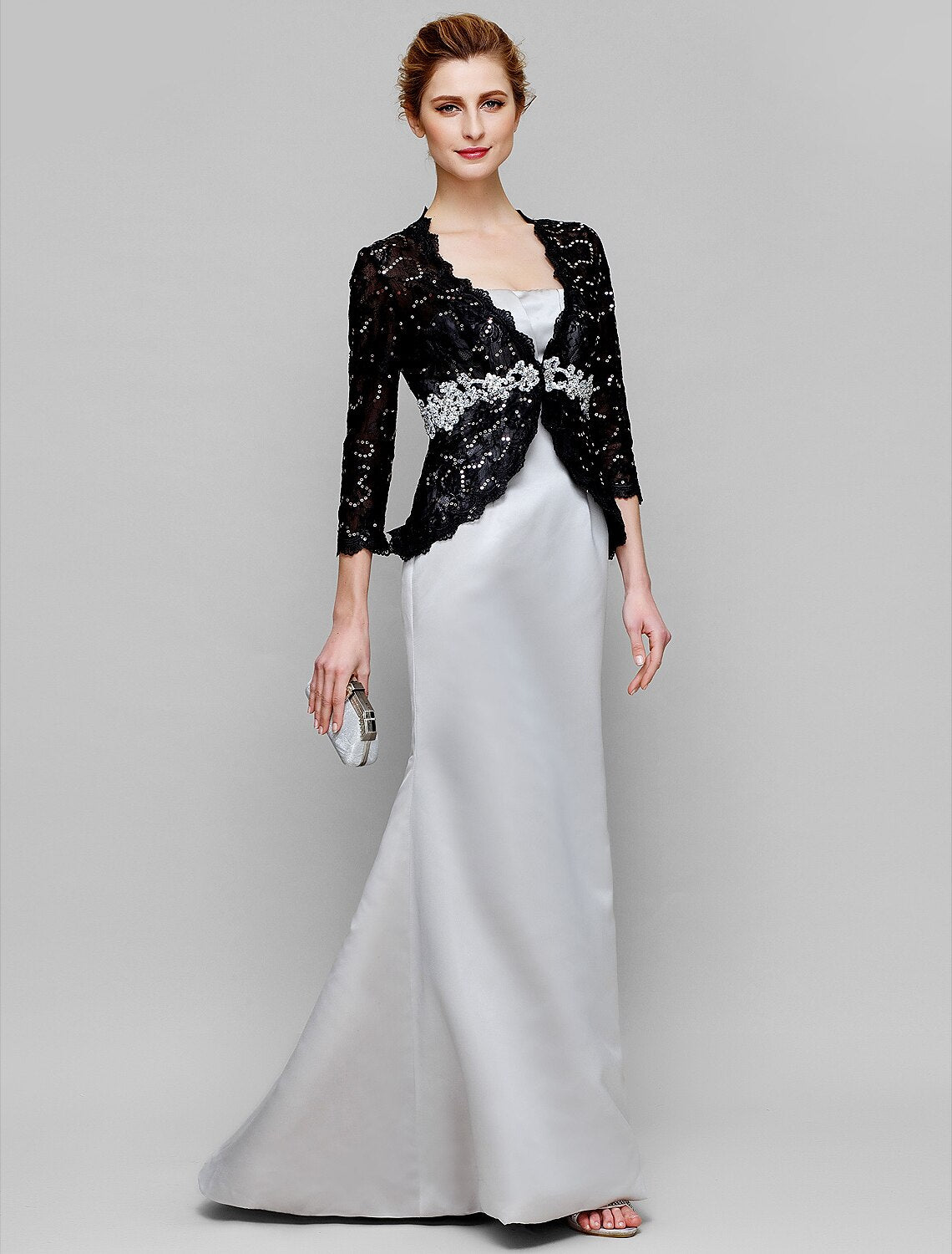 wholesale  Mermaid / Trumpet Mother of the Bride Dress Convertible Dress Strapless Floor Length Satin Lace 3/4 Length Sleeve No with Lace Beading Sequin