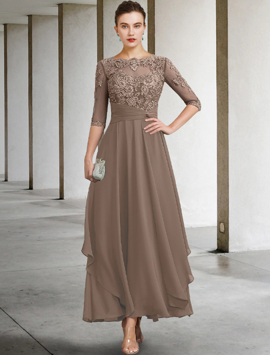 wholesale  A-Line Mother of the Bride Dress Wedding Guest Plus Size Elegant Jewel Neck Ankle Length Chiffon Lace Half Sleeve with Ruched Beading Appliques Fall