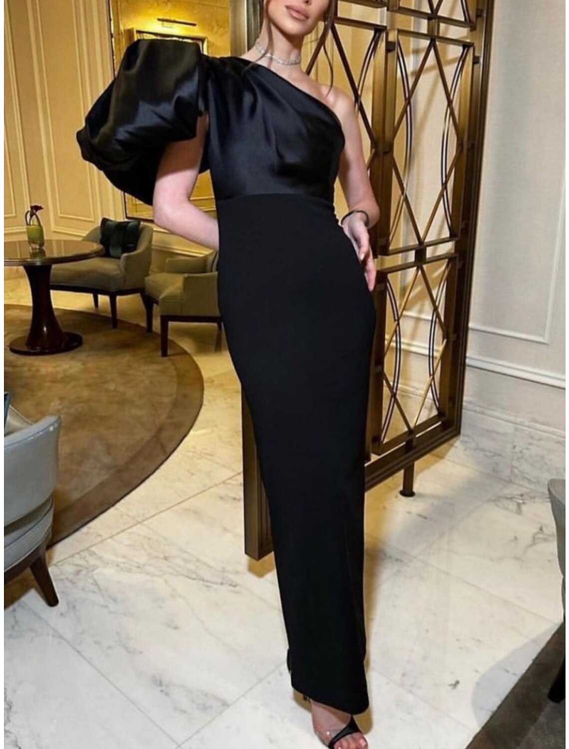 Wholesa  Sheath / Column Evening Gown Elegant Dress Formal Ankle Length Black Dress Short Sleeve One Shoulder Satin with Ruched