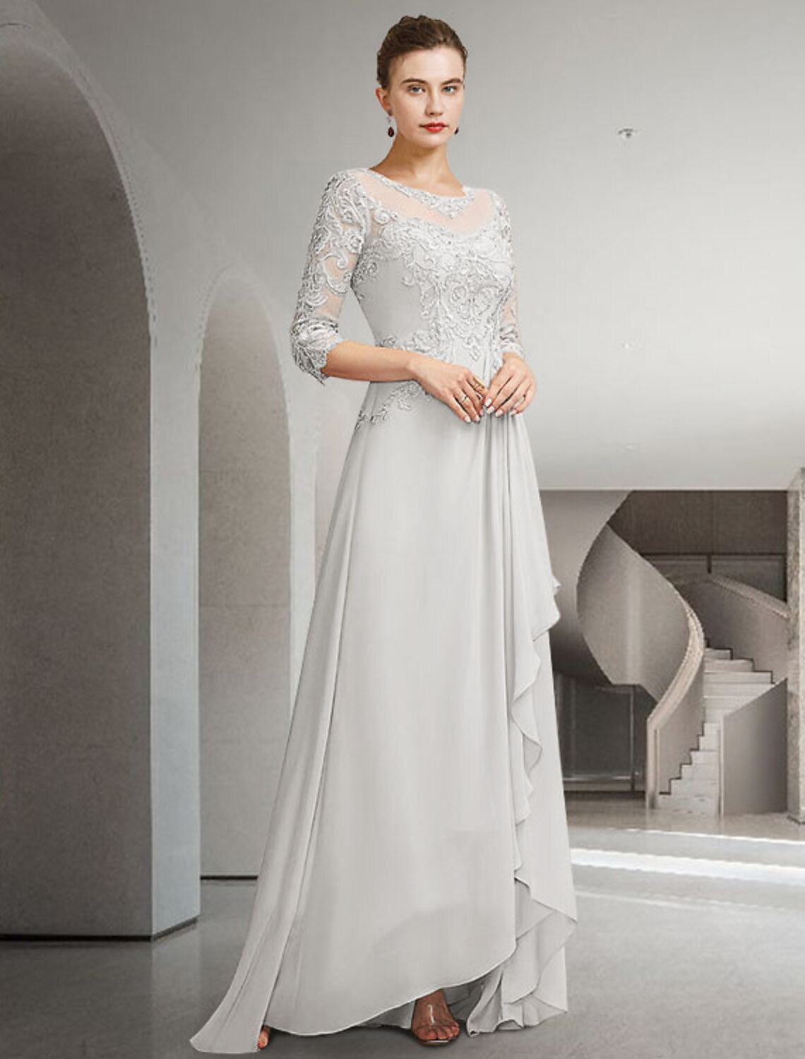 wholesale  A-Line Mother of the Bride Dress Elegant High Low Jewel Neck Sweep / Brush Train Asymmetrical Chiffon Lace 3/4 Length Sleeve with Pleats Appliques