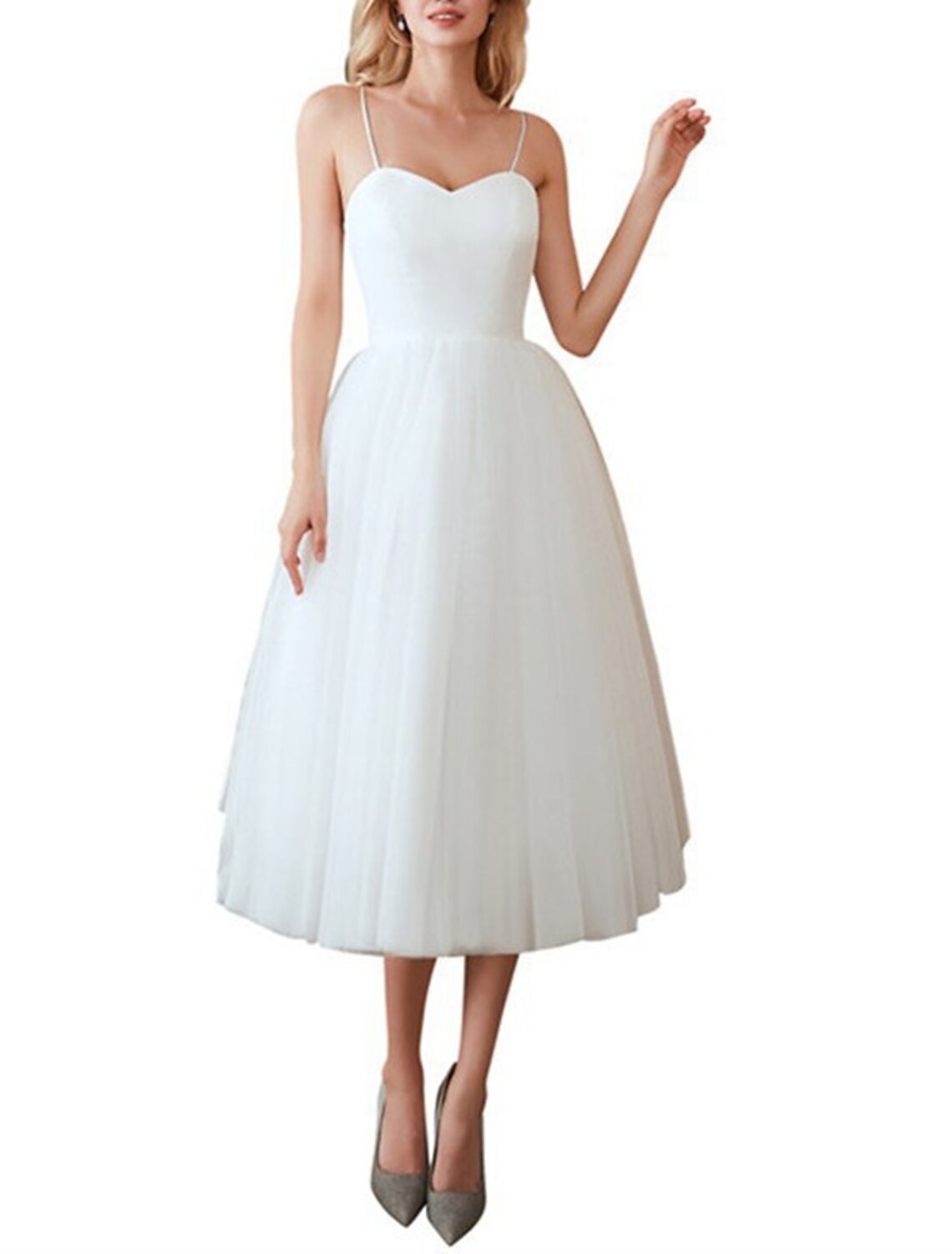 Wholesa  Reception Little White Dresses Wedding Dresses A-Line Sweetheart Camisole Spaghetti Strap Tea Length Satin Bridal Gowns With Solid Color