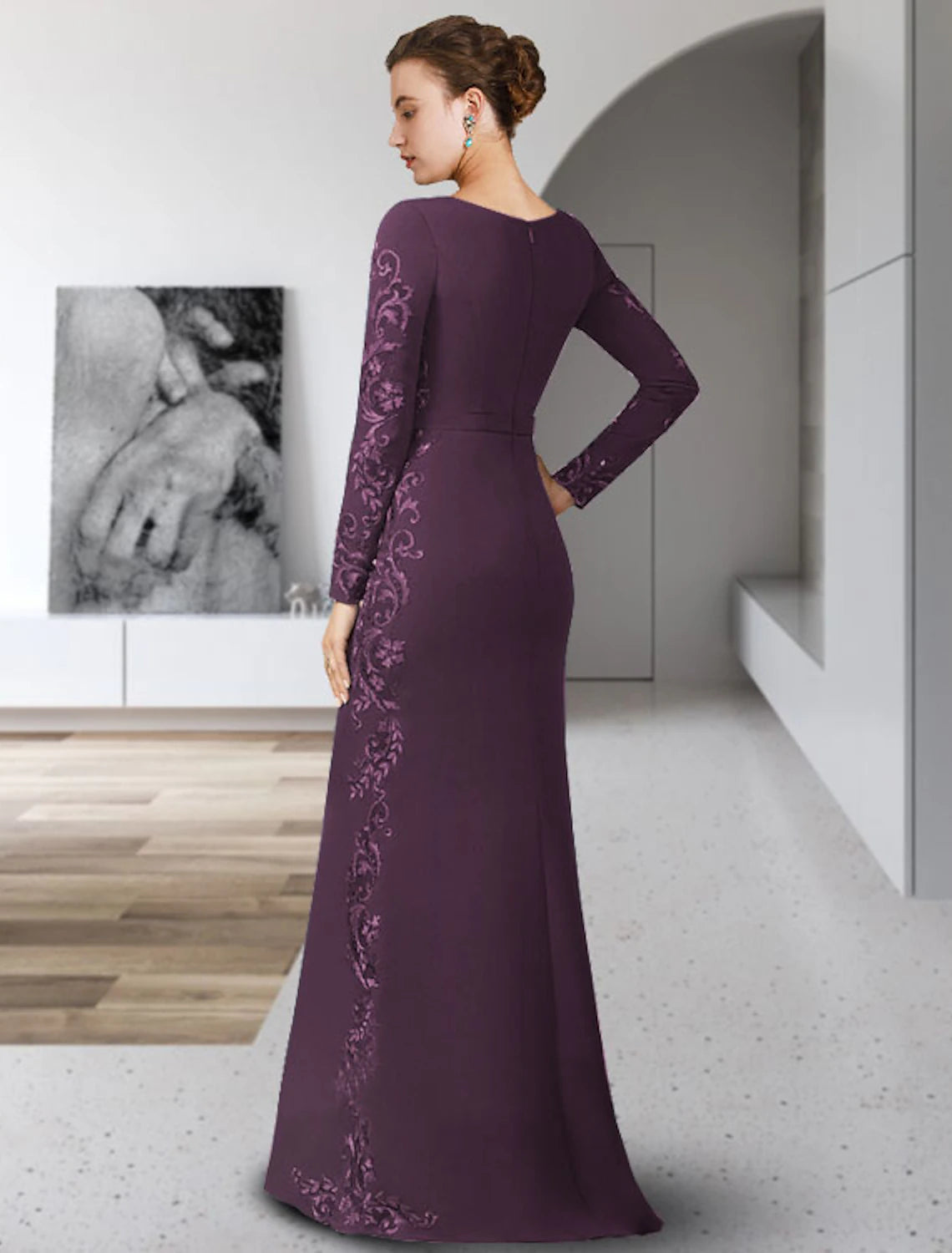 wholesale  Sheath / Column Mother of the Bride Dress Formal Wedding Guest Party Elegant Scoop Neck Floor Length Chiffon Lace Long Sleeve with Sash / Ribbon Appliques