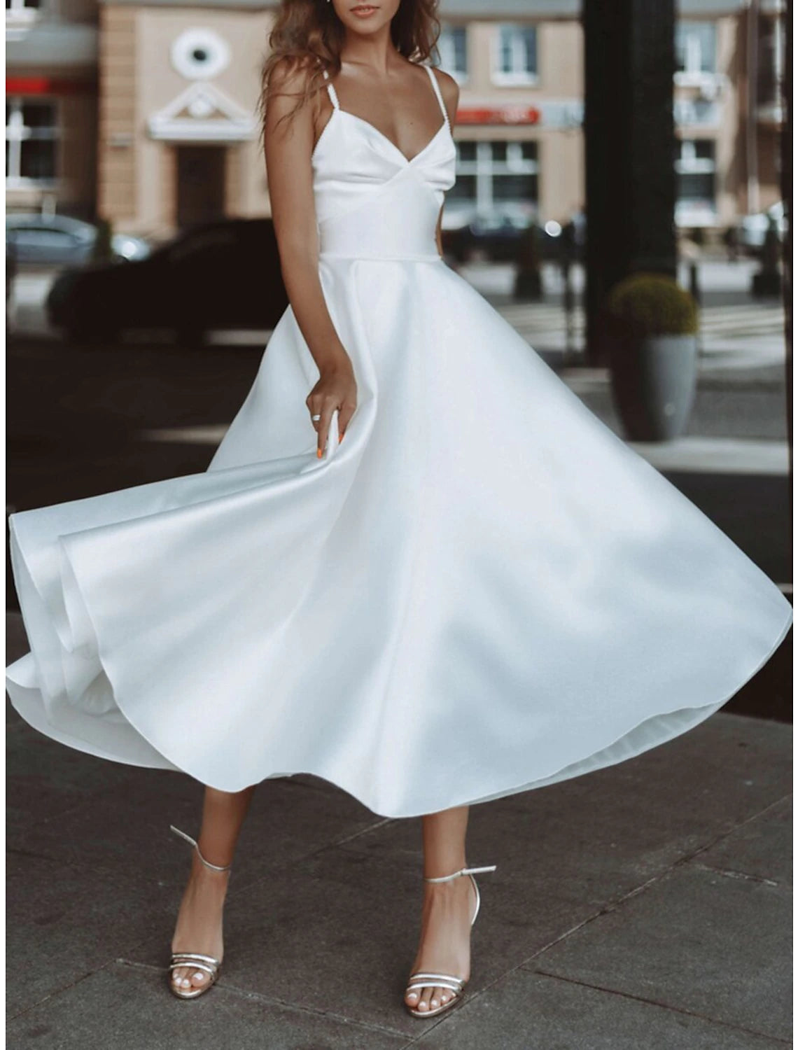 Wholesa Reception Simple Wedding Dresses Wedding Dresses A-Line V Neck Long Sleeve Tea Length Chiffon Bridal Gowns With Pleats