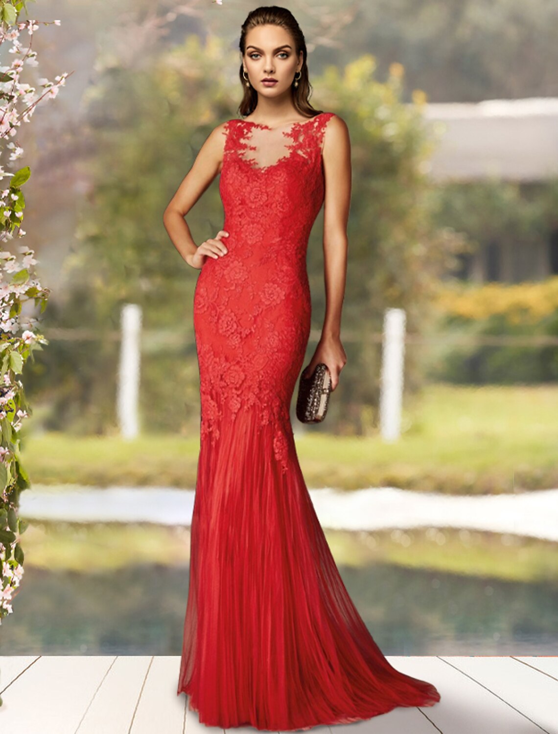 wholesale  Mermaid / Trumpet Mother of the Bride Dress Luxurious Elegant Jewel Neck Sweep / Brush Train Lace Tulle Sleeveless with Pleats Appliques