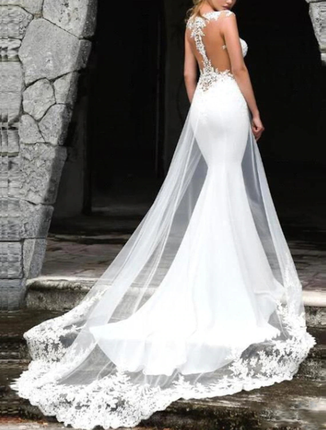 Wholesa Engagement Formal Wedding Dresses Mermaid / Trumpet Illusion Neck Cap Sleeve Court Train Lace Bridal Gowns With Lace Embroidery