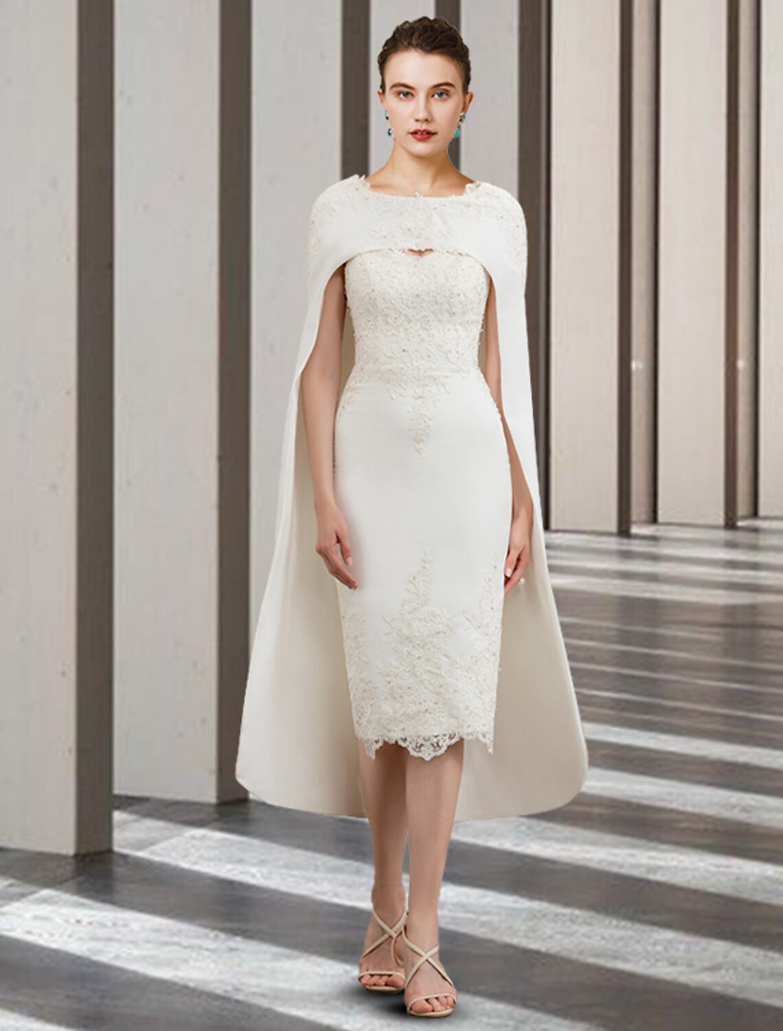 wholesale  Two Piece Sheath / Column Mother of the Bride Dress Wedding Guest Church Elegant Jewel Neck Knee Length Chiffon Lace Sleeveless with Beading Appliques Fall