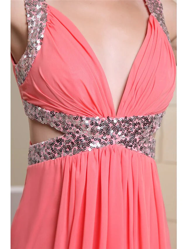Wholesa A-Line Evening Gown Sparkle Dress Engagement Floor Length Sleeveless V Neck Chiffon with Pleats Sequin