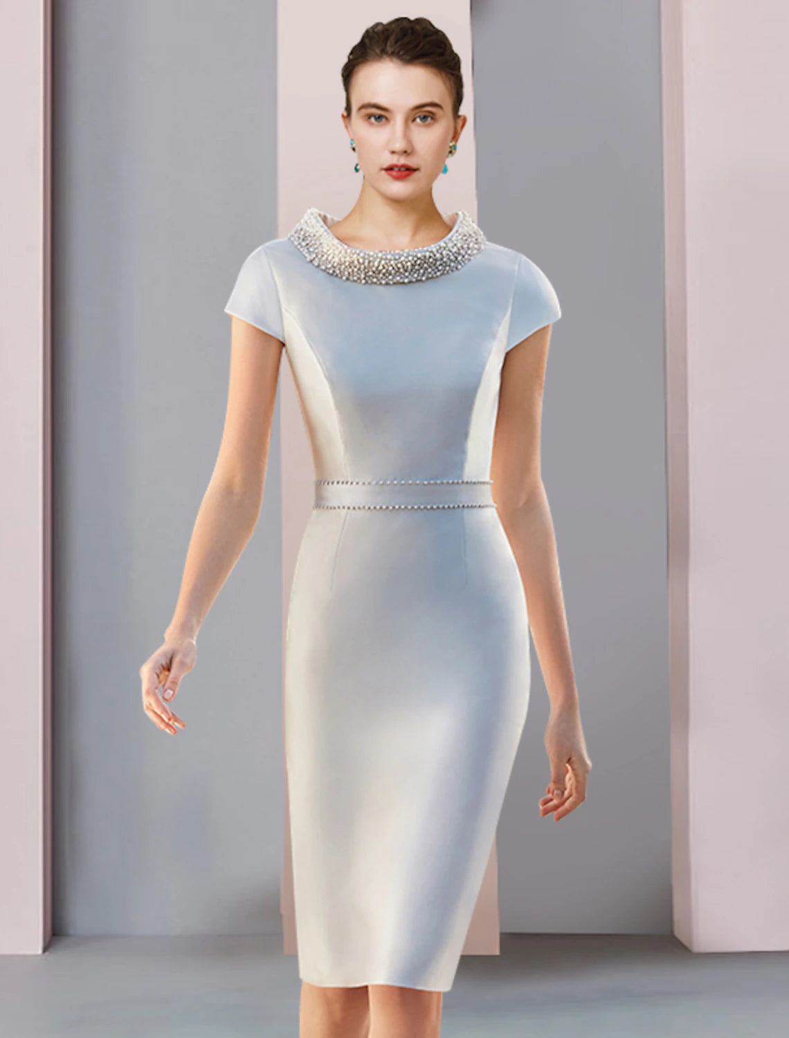 wholesale  Two Piece Mother of the Bride Dress Wedding Guest Party Elegant Scoop Neck Knee Length Satin 3/4 Length Sleeve with Bow(s) Pearls