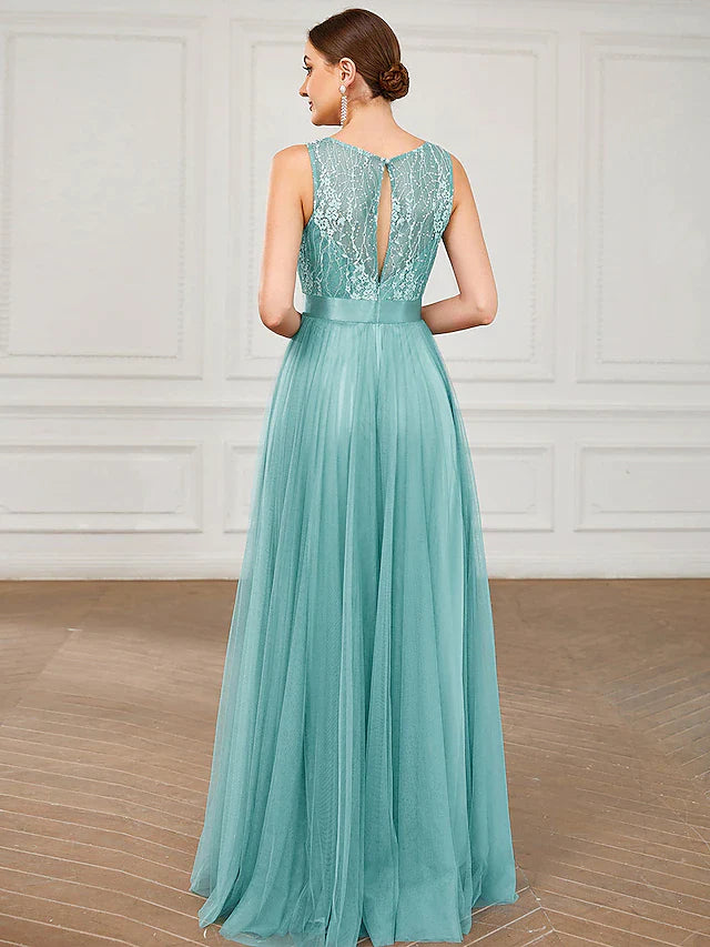 Wholesa A-Line Prom Dresses Elegant Dress Wedding Guest Floor Length Sleeveless Jewel Neck Tulle with Sequin Pure Color