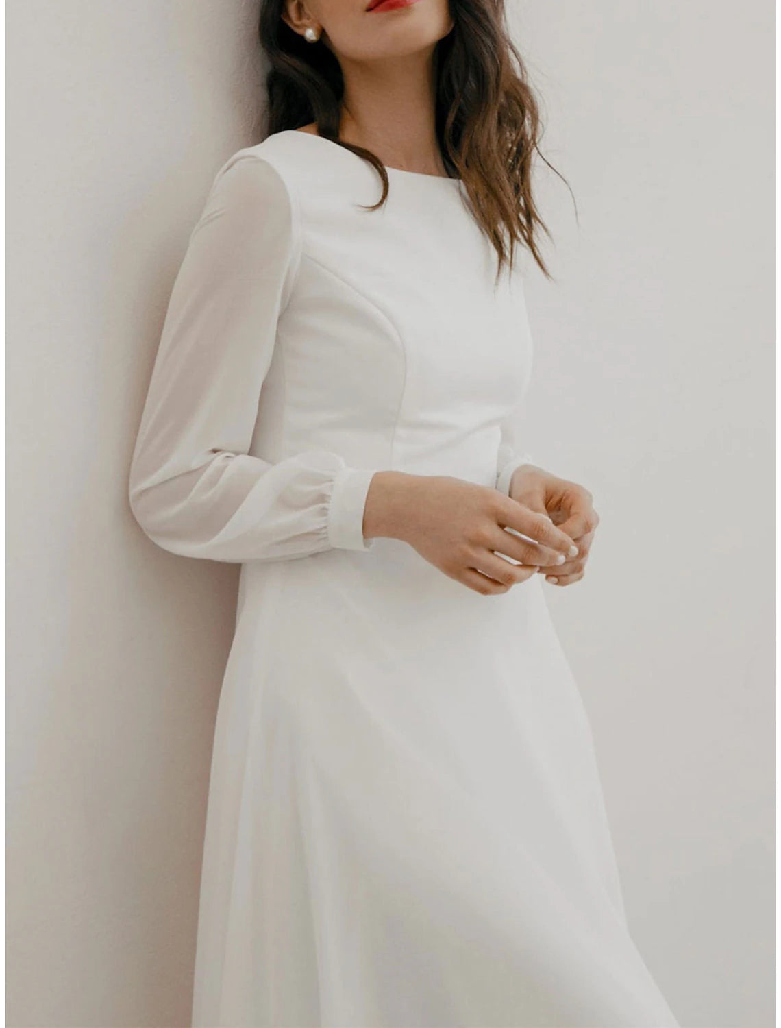 Wholesa A-Line Cocktail Dresses Little White Dresses Dress Wedding Reception Tea Length Long Sleeve Jewel Neck Fall Wedding Guest Cotton V Back with Ruffles Pure Color
