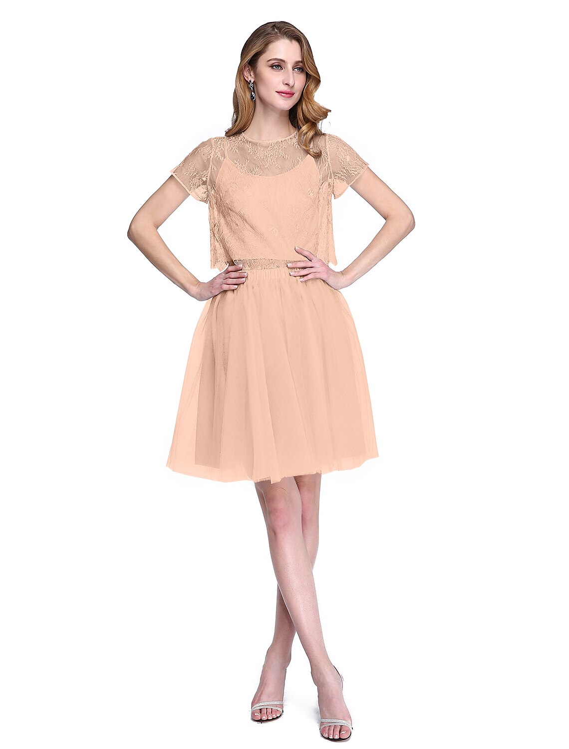 wholesale  A-Line Mother of the Bride Dress Two Piece Jewel Neck Knee Length Lace Tulle Short Sleeve No with Lace