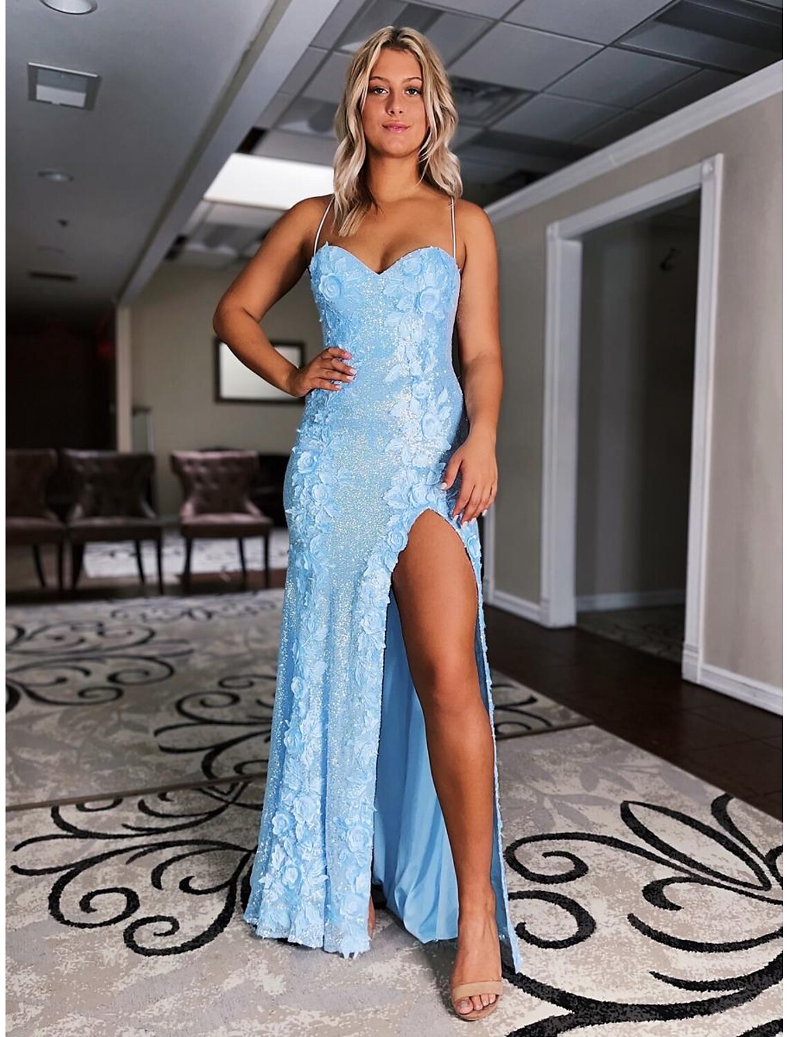 Wholesa Mermaid / Trumpet Evening Gown Sparkle & Shine Dress Formal Prom Sweep / Brush Train Sleeveless Spaghetti Strap Sequined Backless with Sequin Appliques