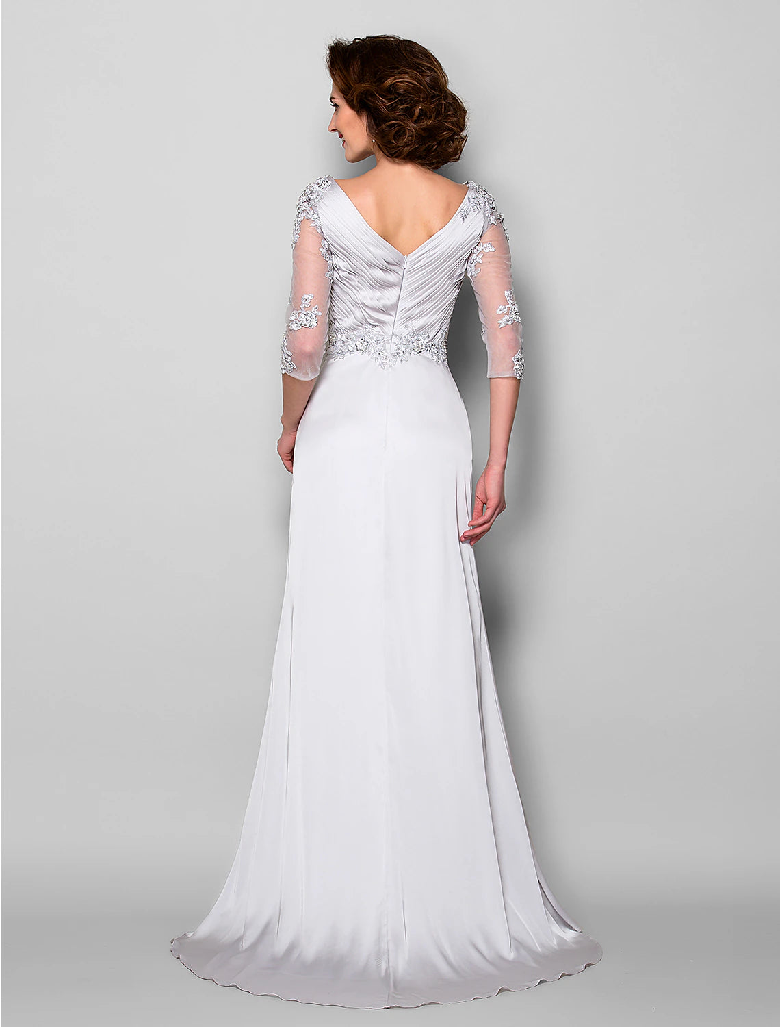 wholesale  A-Line Mother of the Bride Dress V Neck Sweep / Brush Train Satin Chiffon 3/4 Length Sleeve with Criss Cross Beading Applique