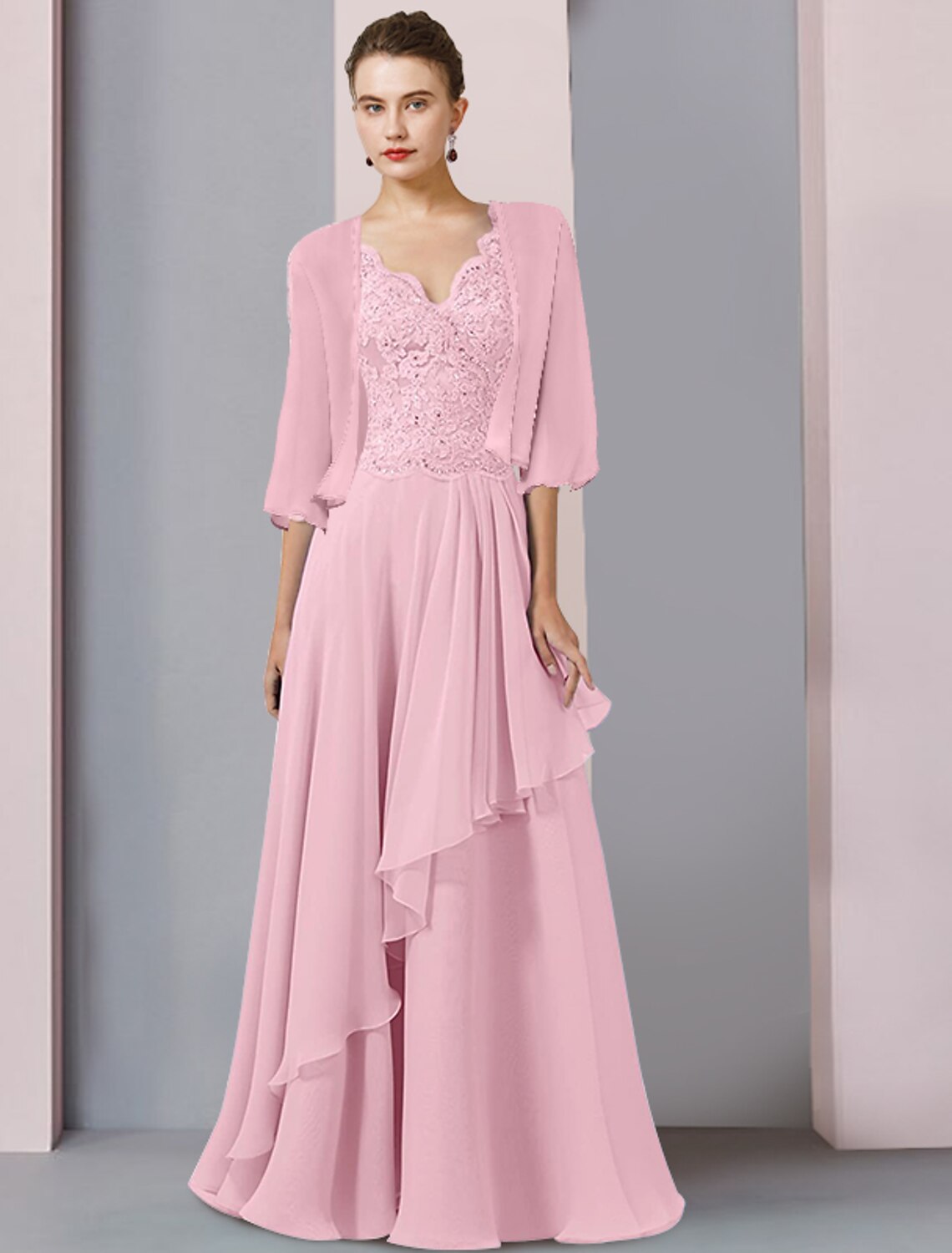 wholesale   Two Piece A-Line Mother of the Bride Dress Formal Wedding Guest Party Elegant V Neck Floor Length Chiffon Lace Half Sleeve Wrap Included with Beading Sequin Appliques